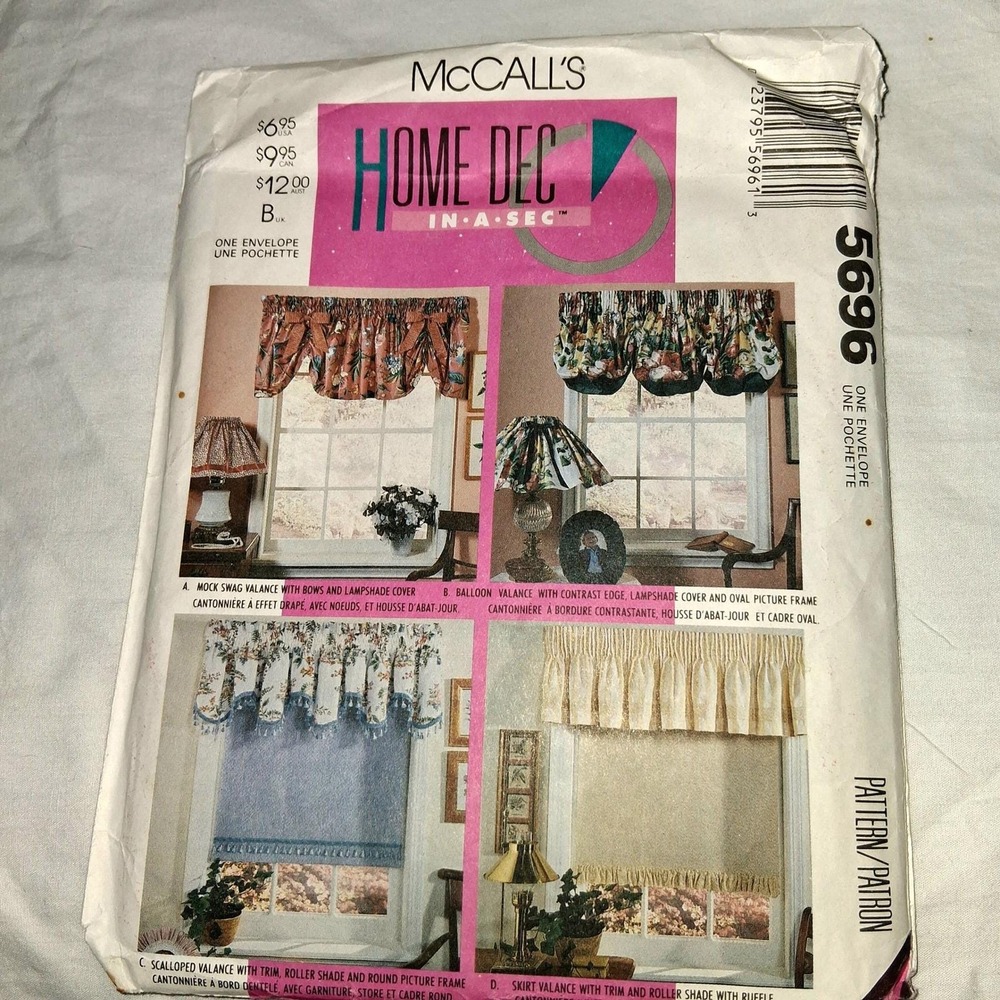 McCall's 5696 Home Decor Sewing Pattern Valances Swags Lampshade Cover